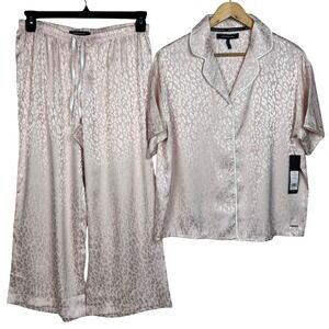 New BCBGMAXAZRIA Pajama Set Womens M Mauve Chalk Leopard‎ Jacquard Satin Lounge